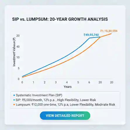 Comparison chart showing SIP investment of ₹10000 monthly vs ₹12 lakh lumpsum over 10 years with returns visualization
