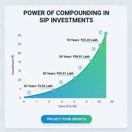 Growth curve showing how ₹5000 monthly SIP grows to ₹46 lakhs over 20 years through compound interest