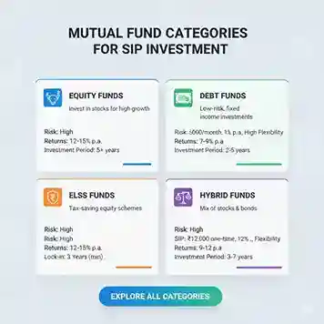 Infographic showing equity funds, debt funds, ELSS funds, and hybrid funds with expected return ranges
