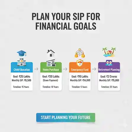 Visual showing retirement planning, child education, home buying goals achievable through systematic SIP investments