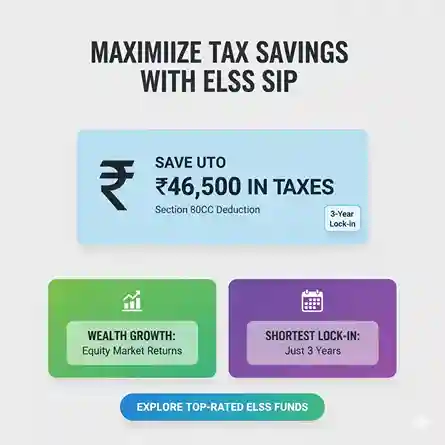 Tax saving calculation showing ₹1.5 lakh ELSS investment saving ₹46500 in taxes for 30% tax bracket