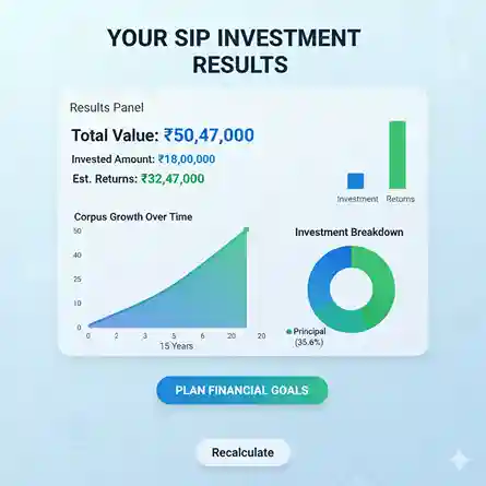 Mathematical breakdown showing ₹10000 monthly SIP calculation resulting in ₹23.23 lakh maturity amount over 10 years