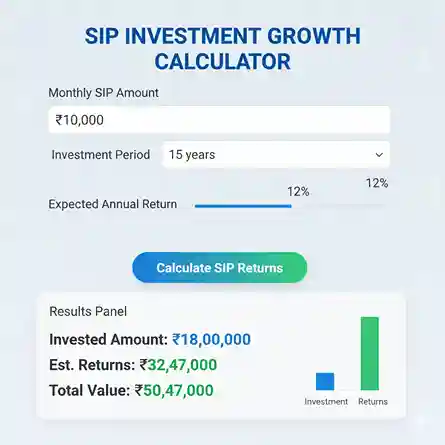 Online SIP calculator showing monthly investment amount, tenure selection, and expected returns fields with calculate button