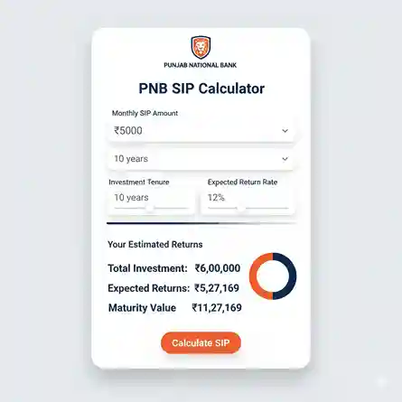 How to Use PNB SIP Calculator - Step by Step Process PNB SIP calculator interface showing monthly investment amount, tenure selection and expected returns calculation with Punjab National Bank branding