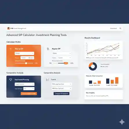 PNB Systematic Investment Plan Calculator - Free Online Tool Infographic showing key benefits of PNB SIP investment including rupee cost averaging, compounding returns, tax benefits and flexible investment options